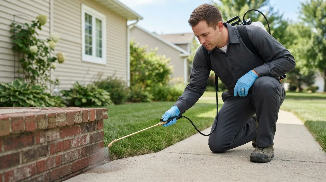 Pest control technician treating a home near Fredericktown, OH