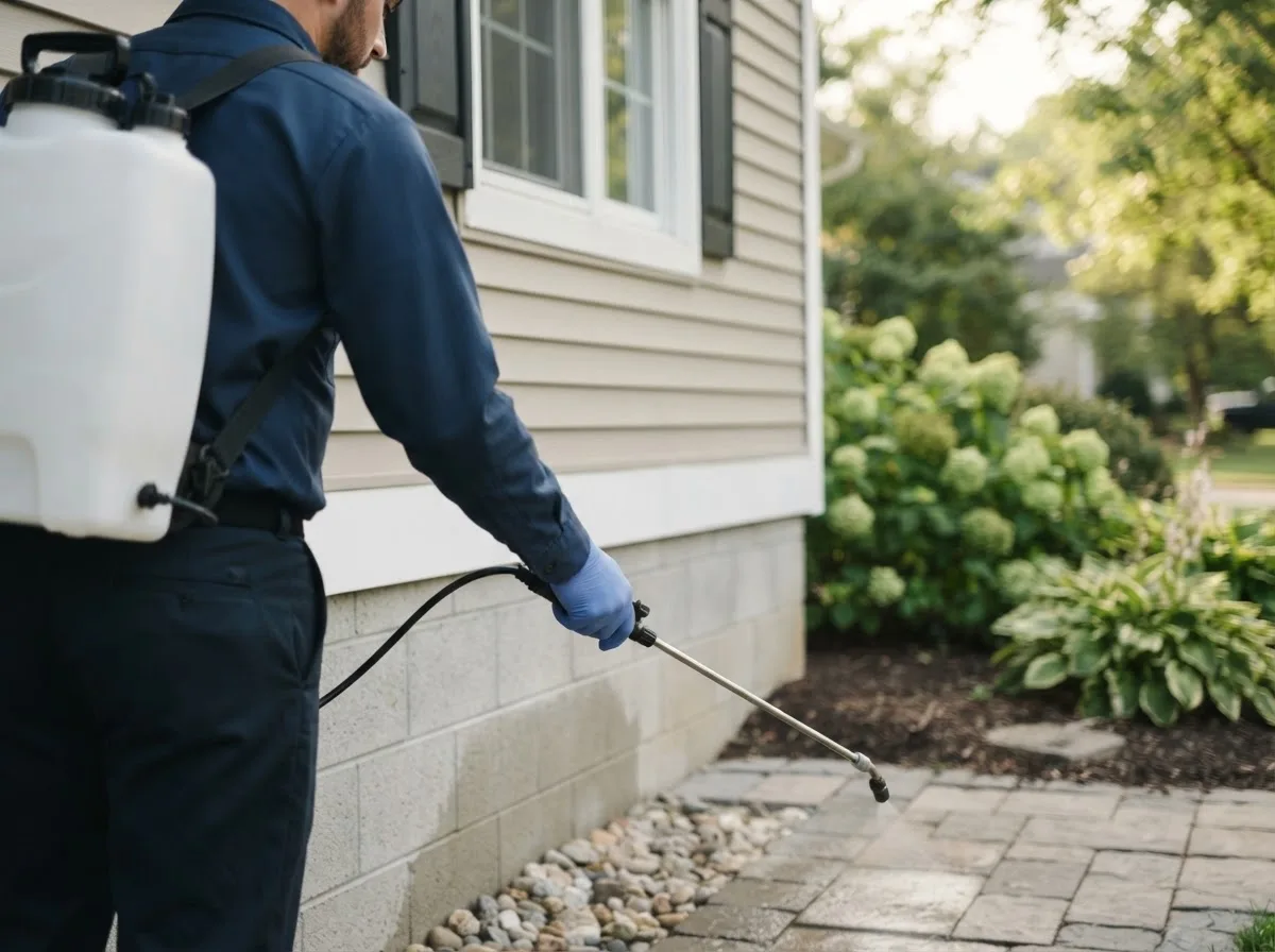 Pest control technician inspecting a home in Fredericktown, OH